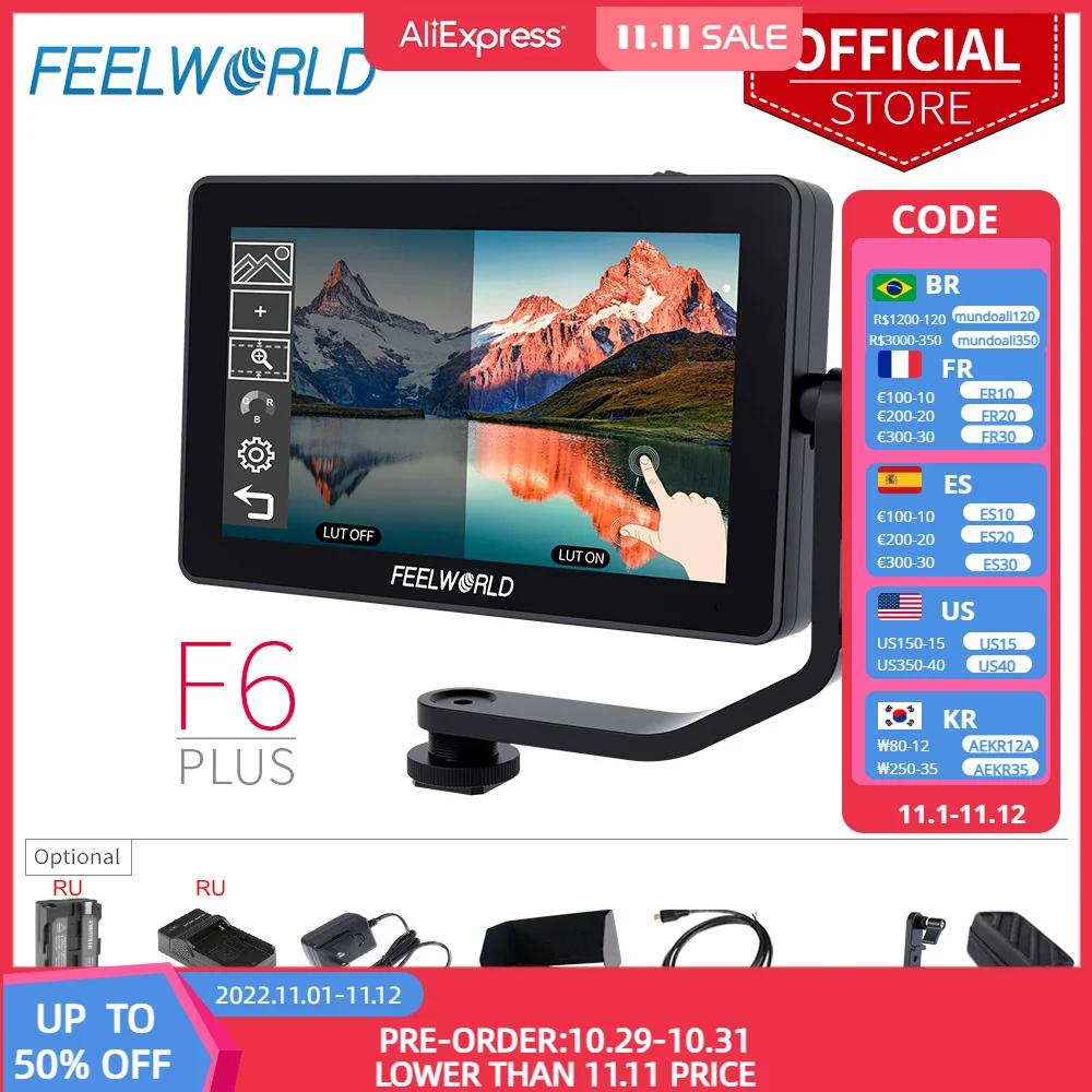 FEELWORLD 카메라 DSLR 필드 모니터, FHD IPS 터치 스크린, 4K HDMI, 1920x1080, 3D LUT 파형, 리그 짐벌 F6PLUS 용, 5.5 인치