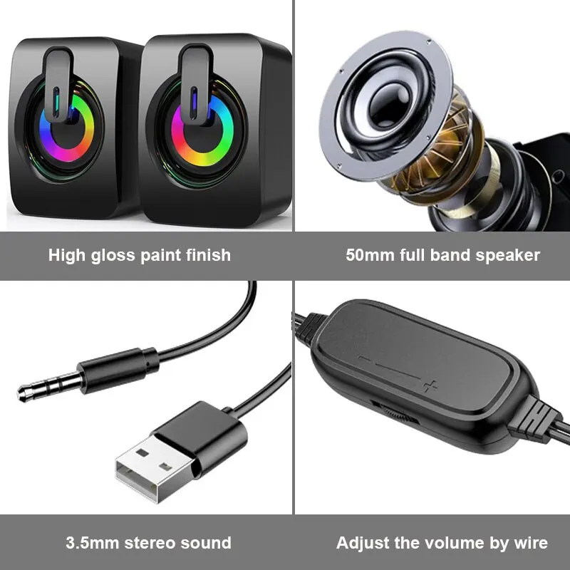 Microfone Estéreo HiFi com Luz LED, Alto-falantes, PC Sound Box, Com Fio USB, Laptop, Desktop