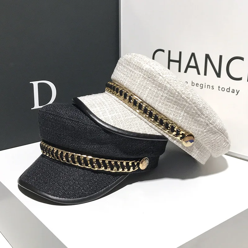 New Fashion Women's Flat Top Plaid Chain Military Hat Elegant Artist Black Korean Octagonal Beret Captain women military hat
