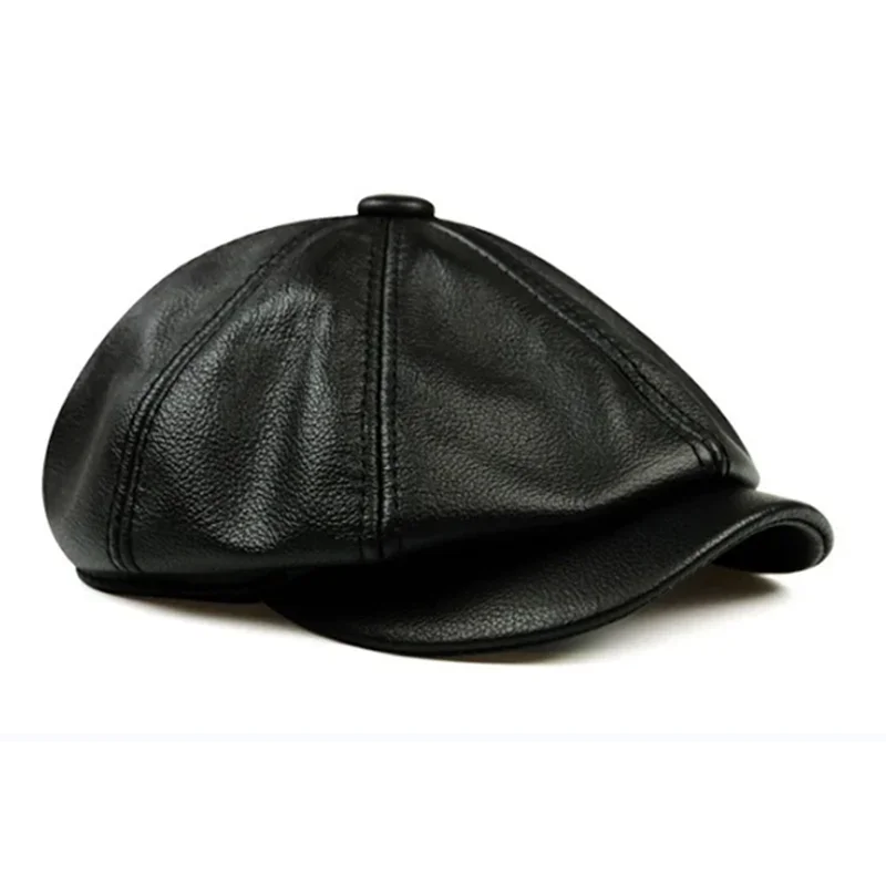 Retro Brown Hats Men Spring/Winter 100% Real Leather Warm Cap Male Beret Painter Boina Cowhide Octagonal Casquette High Quality 5