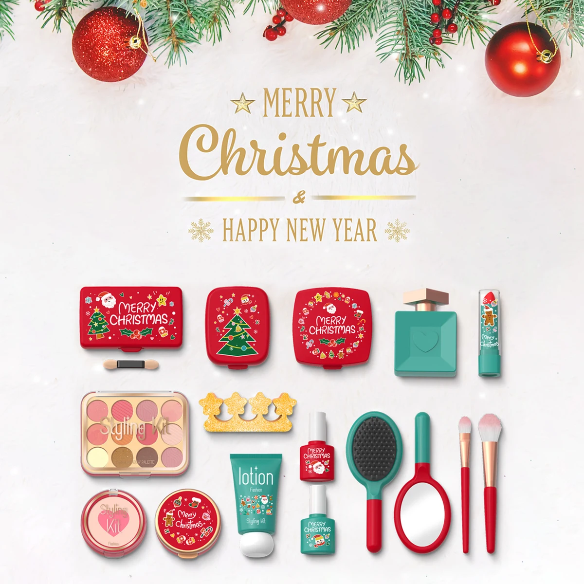 Children's Makeup Toy Set Simulated Pretend Play Beauty Makeup Box Eye Shadow Blush Christmas Theme Gifts for Girls Non-toxic
