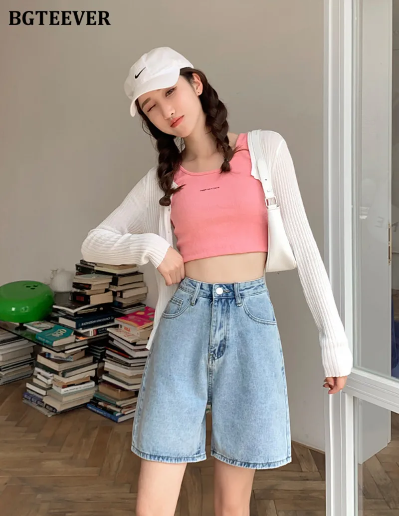 nike dri fit shorts BGTEEVER Casual Loose Women Wide Leg Jeans Shorts 2022 Spring Summer Chic Pockets High Waist Ladies Denim Shorts compression shorts