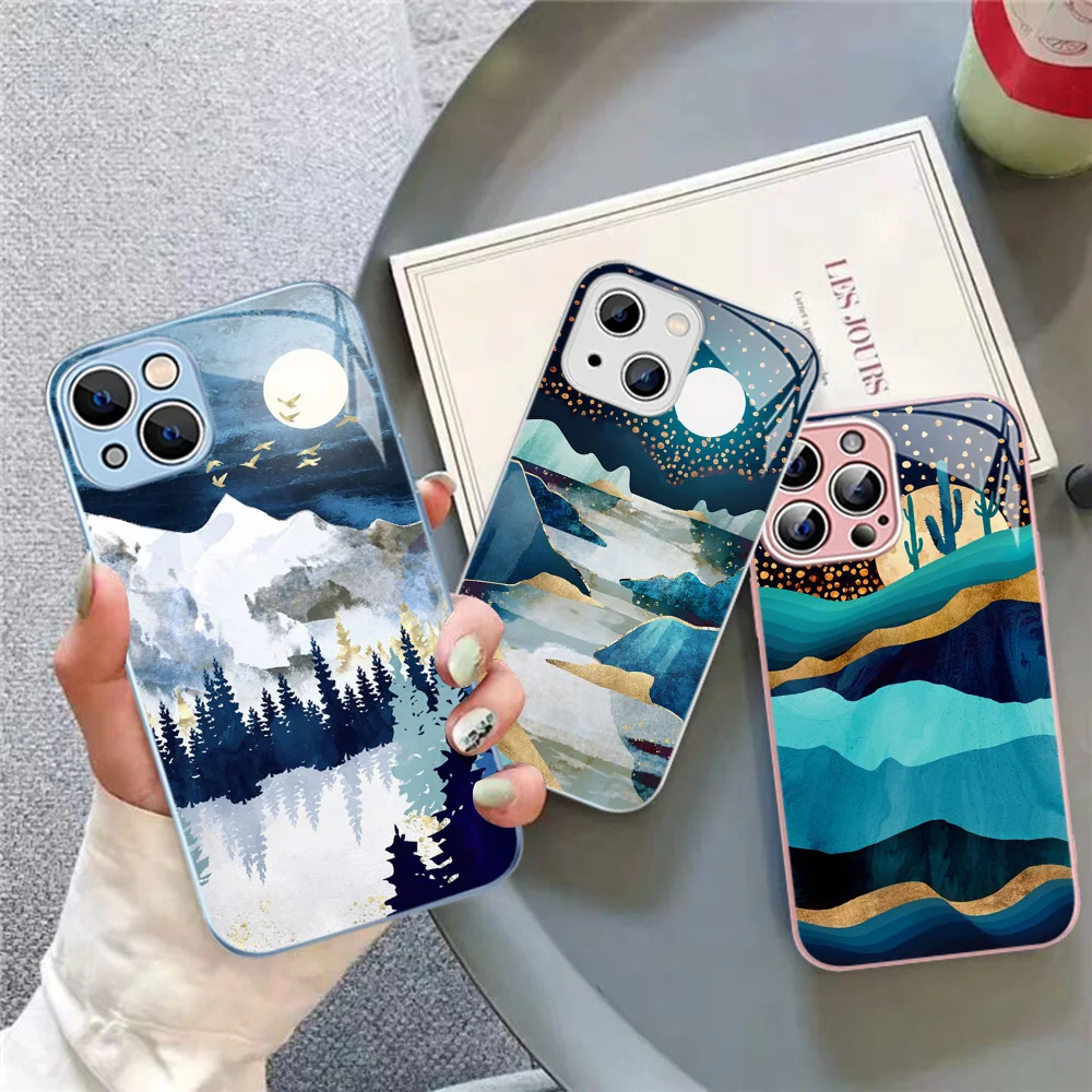 

Hand Painted Scenery Phone Case For iPhone 14 13 12 Mini 11 Pro XS Max X XR 14 Plus Tempered Glass Cover