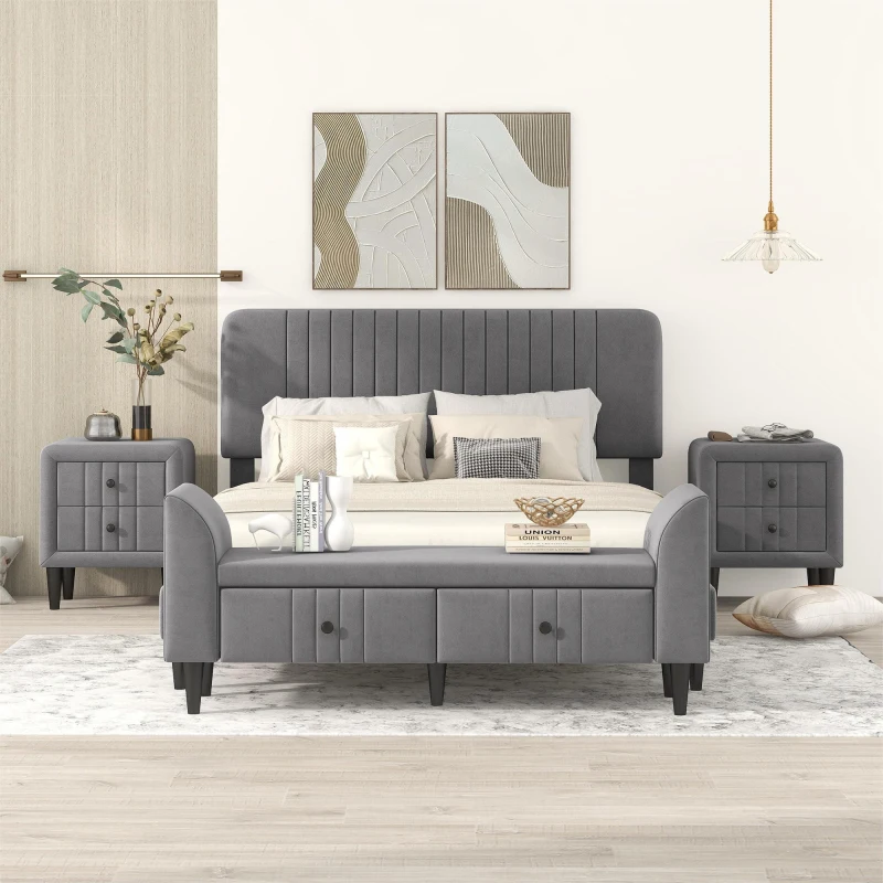 4-Pieces Bedroom Sets Queen Size Upholstered Platform Bed with Two Nightstands and Storage Bench