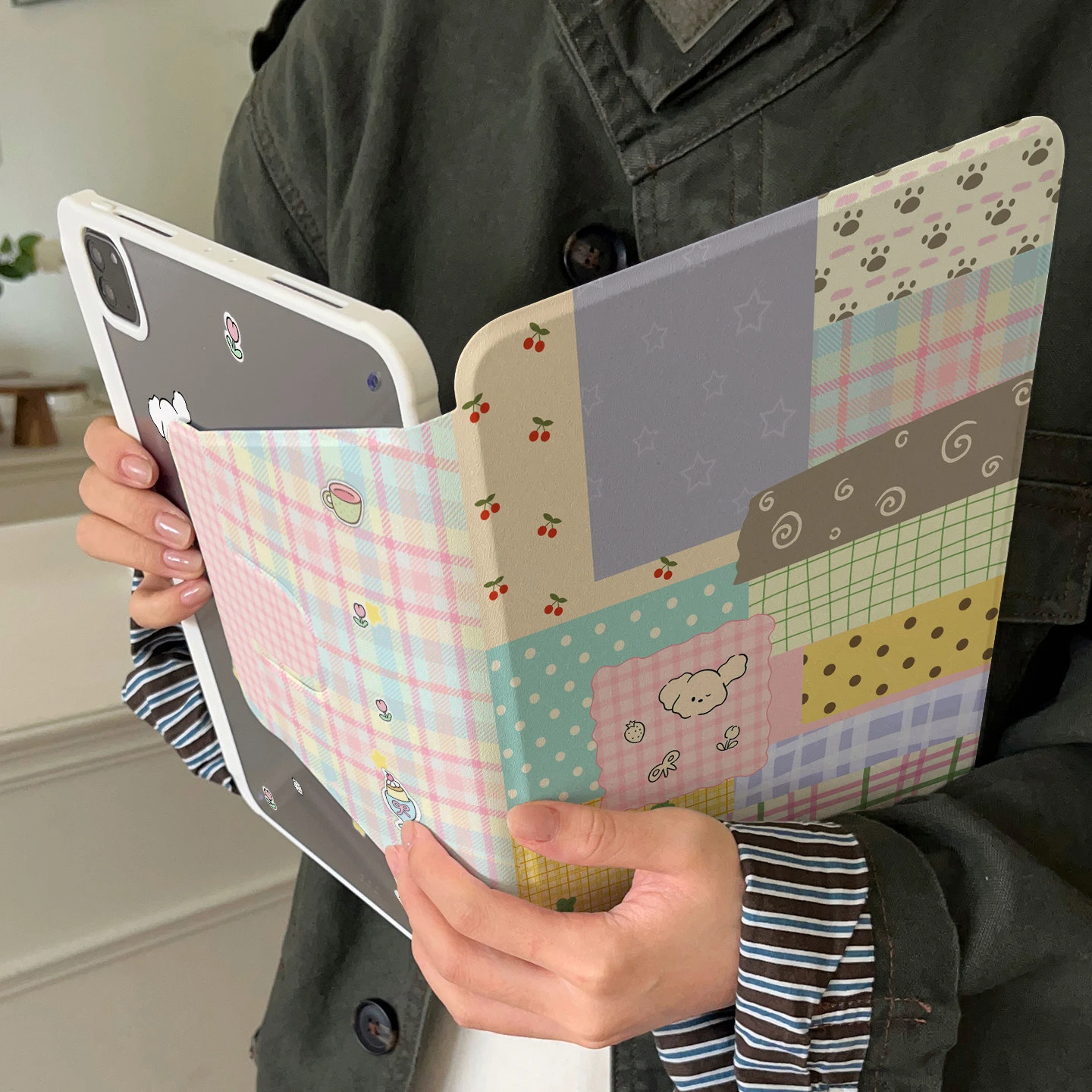 Adorable Pink Grid Doggy Tablet Case Cover