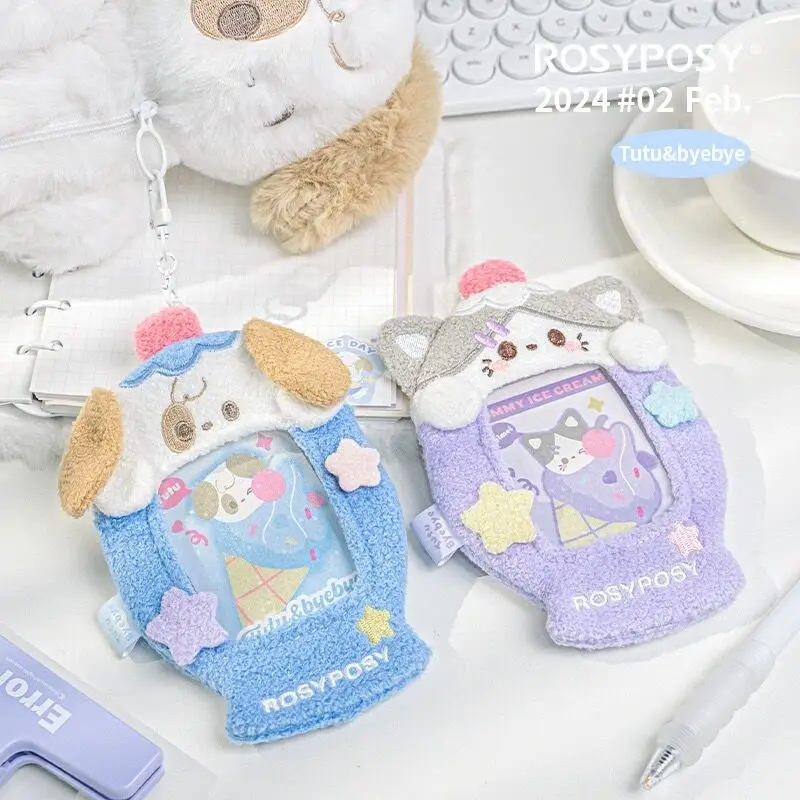 MINKYS Kawaii Fluffy Cat Puppy 3 inch Kpop Photocard Holder Photo Card Holder Bag Pendant School Stationery 2