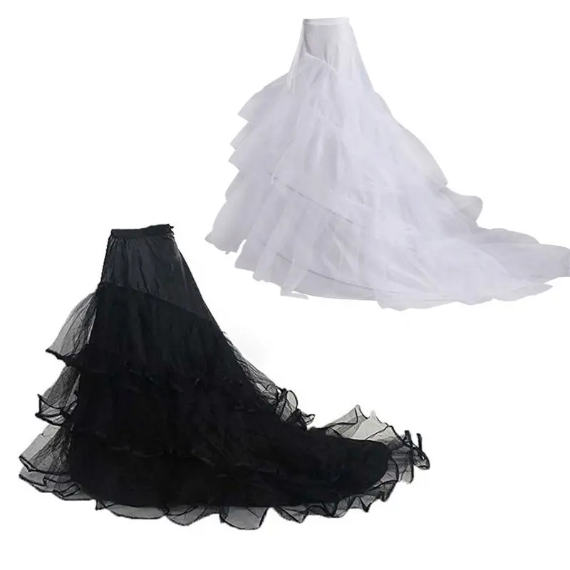 3-layer Yarn 2-hoops Bride Wedding Dress Long Trailing Skirt Petticoat Elastic Waist Drawstring Adjustable Fishtail Slip Skirts