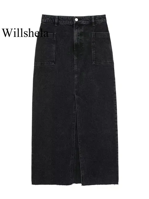 Willshela Women Fashion With Pockets Denim Black Front Zipper Midi Skirts Vintage High Waist Female Chic Lady Long Skirts