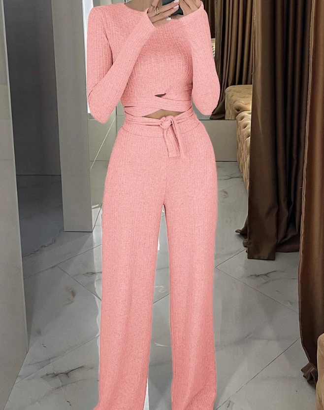 Women Casual Clothing New Women's Fashion Two Piece Sets Outfit Criss Cross Tied Detail Ribbed Top & High Waist Pants Set Female