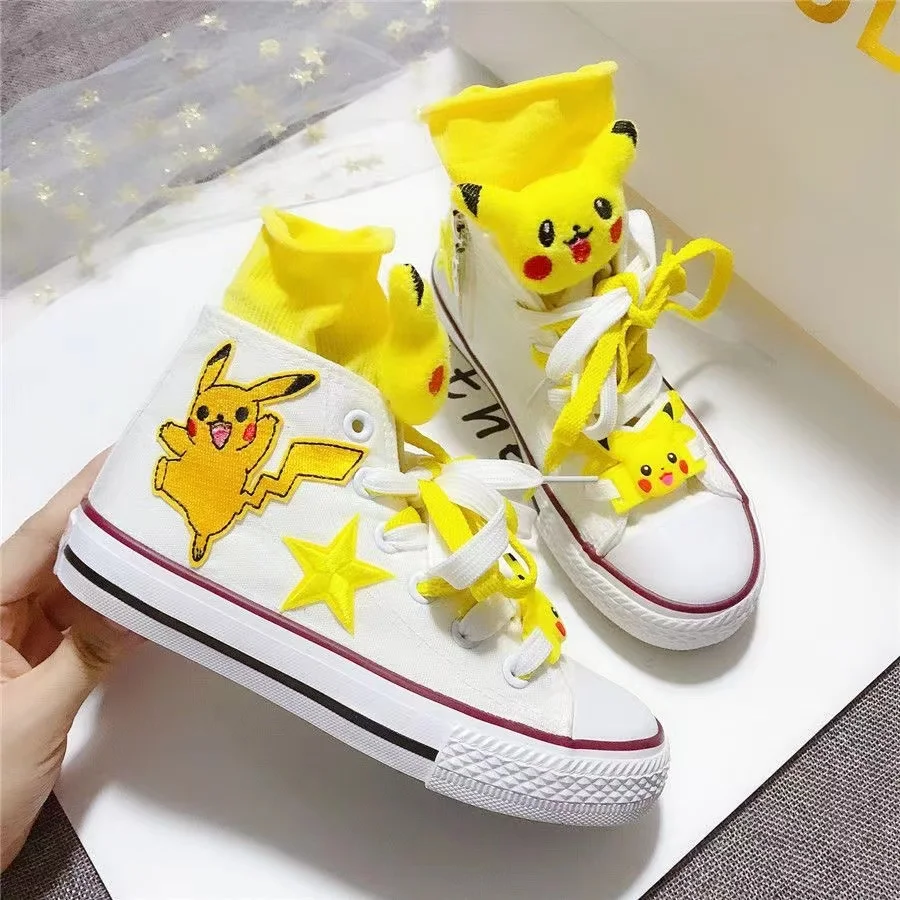 Spring Autumn New Pikachu branded High Top Canvas Shoes Parent Child Shoes Small Large Children's Korean Embroidered Board Shoes