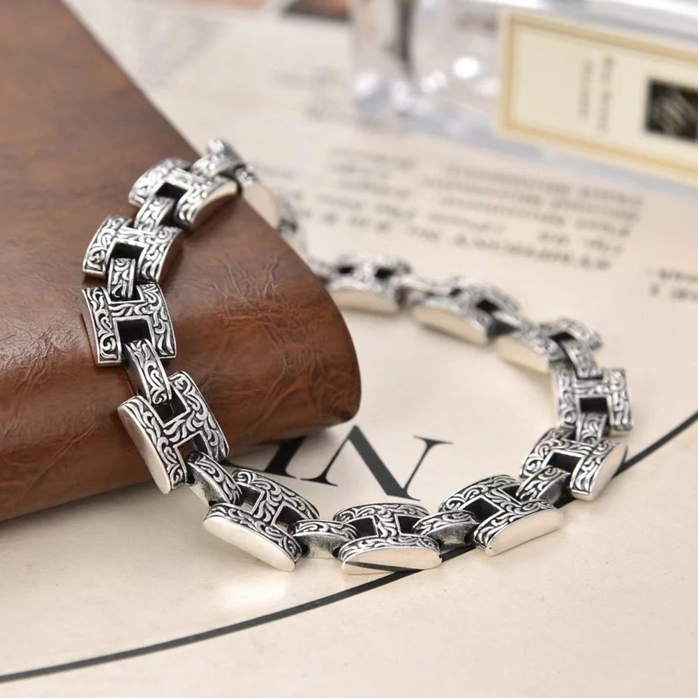 YIZIZAI Tibetan Silver Metal Chain Bracelet for Men Vintage Grass Pattern Links Bracelet Male Hip Hop Jewelry Accessories Gifts