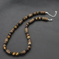 Men's Necklace Retro Tiger Eye Wood Jewelry Brown Coconut Shell Natural Stone Beaded Necklace Simple Chain Necklace Pendant
