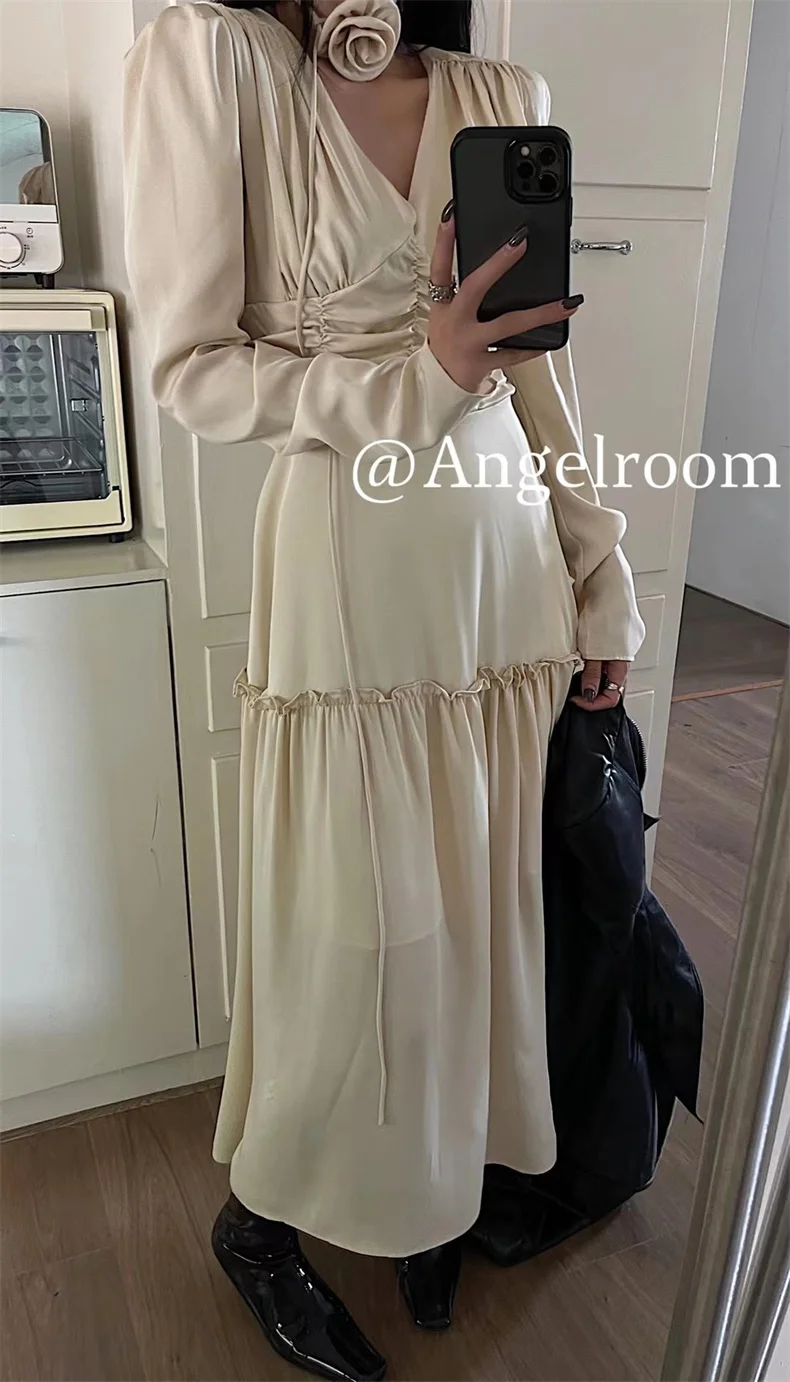 Autumn Satin Midi Dresses for Women Long Sleeve V-neck Folds Design A-line Korean Fashion Office Lady One Piece Vestidos New