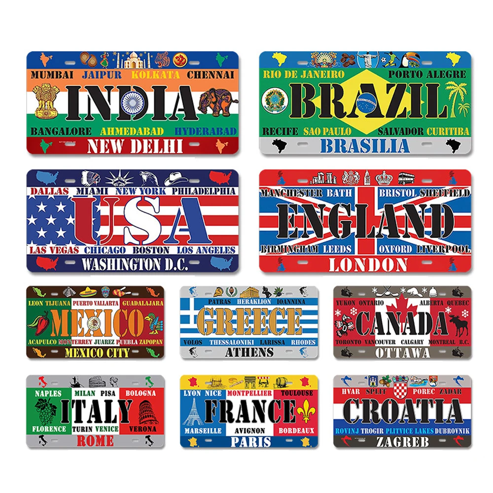 

Worldwide Country License Plate Poster Car Garage Home Decor Plaque Vintage Art Painting Metal Tin Sign City Logo Pattern Poster