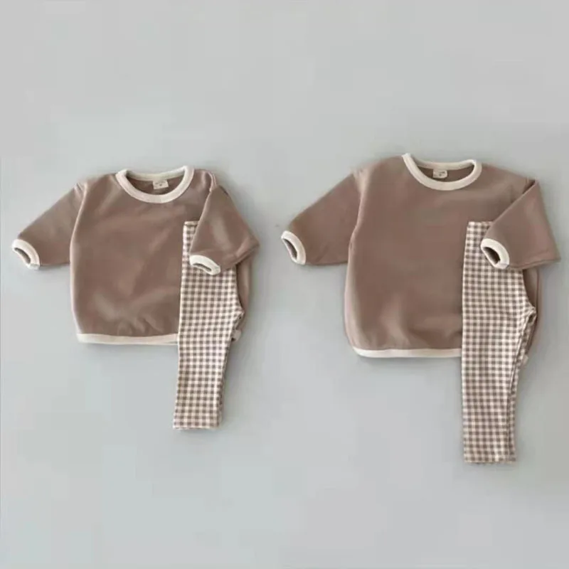 Autumn New Baby Long Sleeve Clothes Set Infant Solid Casual Sweatshirt Set Boys Girls Plaid Pants Outfits Children 2pcs Suit 6