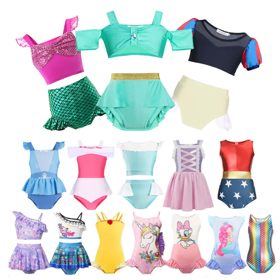 

Disney Princess Theme Swimsuit Children Girls Summer Beach Wear Pool Party Cosplay Jasmine Elsa Anna Mermaid Belle Swimming Suit