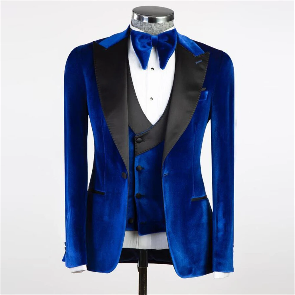 

Royal Blue Suits Men Fit Slim Black Peaked Lapel Jacket Vest Pants 3 Piece Bridegroom Wedding Tuxedos Custom Velvet Prom Blazers