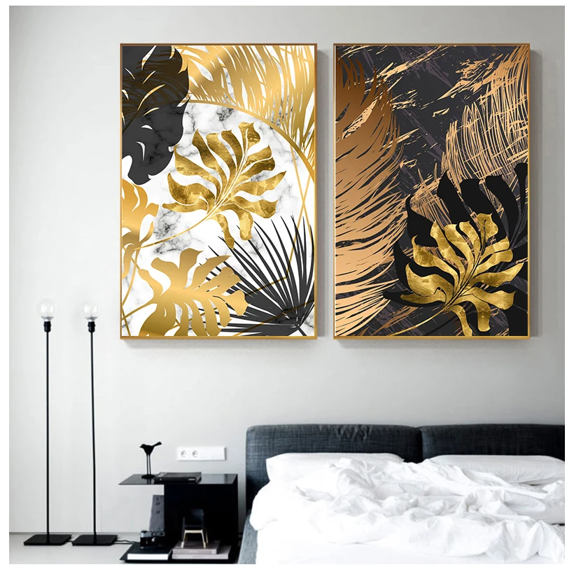 Poster moderno, set da murale, foglia dorata, high-end, background Wall Mural, Canvas Art Painting Decoration Bedroom, Living Room, Office, frameless (50 x 70 cm x 3