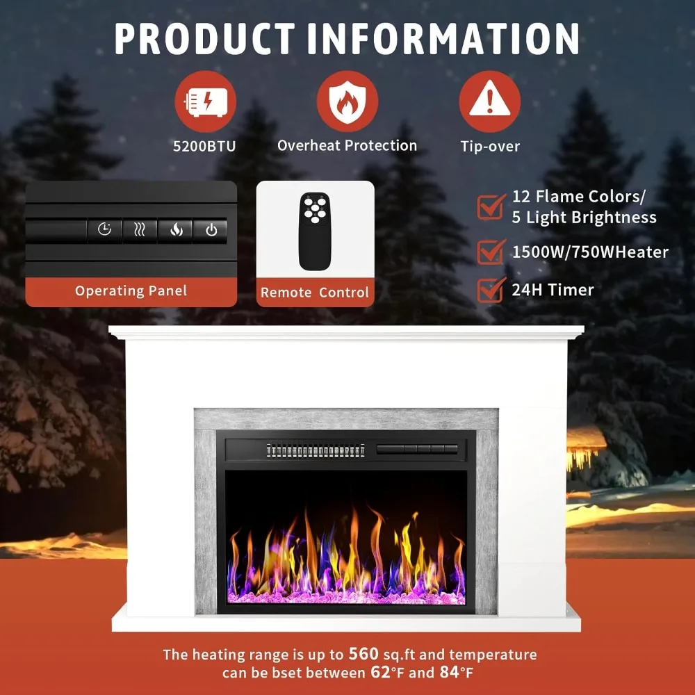 42" Electric Fireplaces with Mantel, Fireplace with Fireplace Insert, Remote Control, Fireplace with12 Colors Adjustable Flame 3