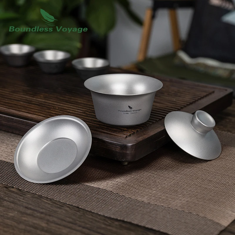 Boundless Voyage Titanium Double-Walled Tea Cup with Lid Chinese Kung Fu Gaiwan Anti-Scalding Tea Bowl Set