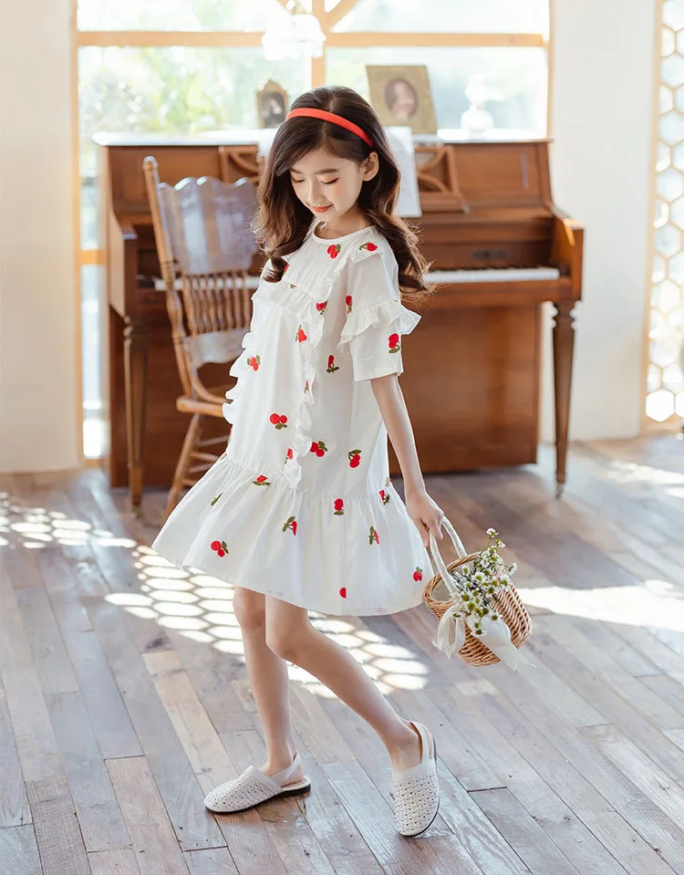 cutest baby dresses Embroidery Teen Girls Dress Cherry Patterns Half Sleeve Ruffles Cotton Summer Dress Children Clothes 6 8 10 12 14 Years baby boy dress