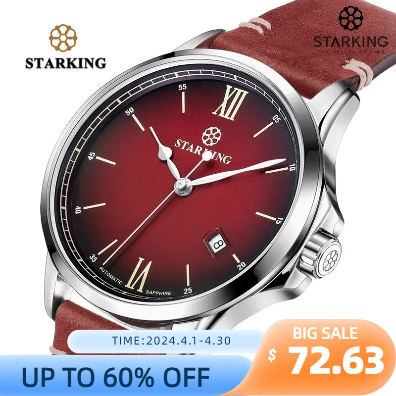 

Starking Men's Watch Fully Automatic Movement 3atm Mechanical Watch Cow Leather Watch Sapphire Maroon Dial Exclusive For Fashion