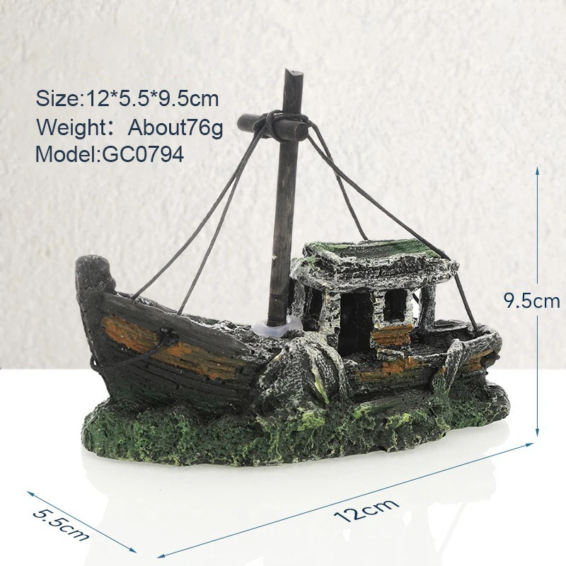 1Pc Fish Tank Ornaments Retro Aquarium Fish Tank Landscape Wreck Ship Decoration Hollow Cave Resin Boat Statues