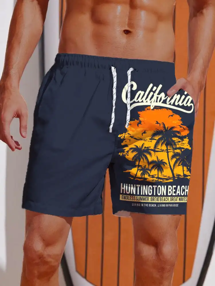 2024 3D Printed Hawaiian Vacation Style Printing Shorts Men's Casual Board Shorts Swim Trunks Drawstring Breathable Short Summer 3