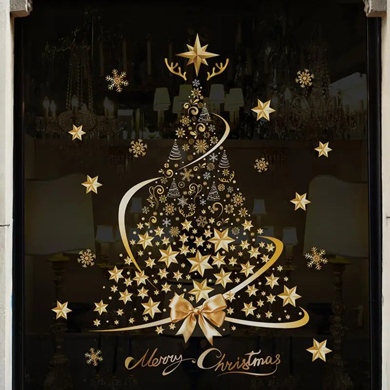 Wall Window Stickers Self Adhesive Vinyl Glow in the Dark Christmas Decoration Window Stickers Gold Xmas Tree Merry Christmas Mirror Sticker New Year