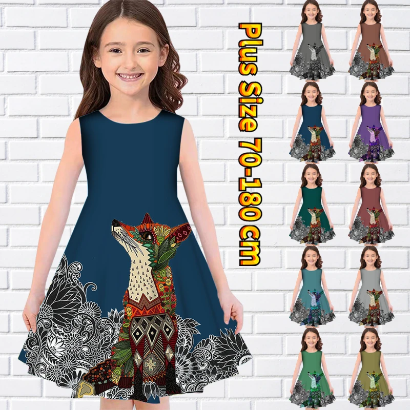 

2023 Summer Knee-length Skirt Little Girl Sleeveless Skirt Round Neck Lovely Midi Skirt Vintage Print Princess Dress 80-180CM