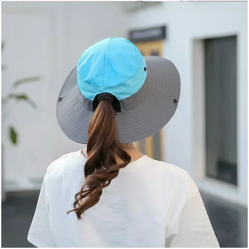 Womens UV Protection Wide Brim Sun Hats Cooling Mesh Ponytail Hole Cap Foldable Travel Outdoor