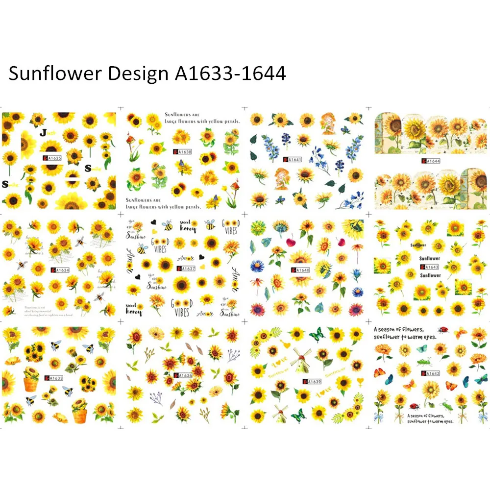 12patterns Sunflower Nail Water Decals Yellow Flowers Sliders for Nails Transfer Sticker Floral Butterfly Bee Manicure Wraps 2