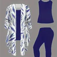 Plus-size women's 3-piece set: color-blocked printed cardigan jacket paired with trousers and vest for a casual everyday look. - Image 5