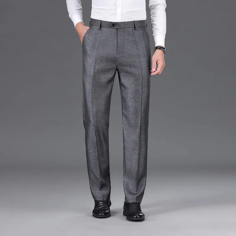 Men Business Casual Suit Pants Solid High Waist Straight Office Formal Trousers Classic Style Long Pants
