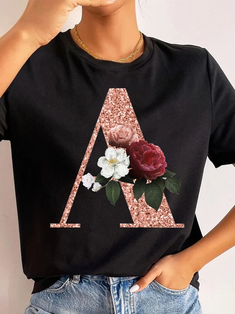 Custom Name Letter Combination Fashion Women T-shirt Rose Gold Flower  Letter Font A B C D E Short Sleeve Tops Black T-shirt Tee - T-shirts -  AliExpress