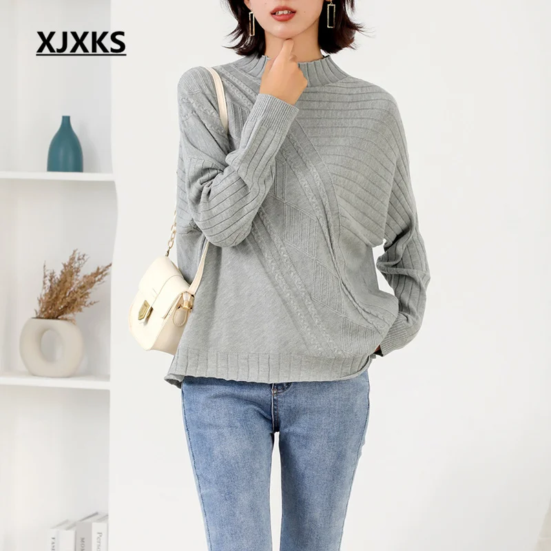 

XJXKS Solid Color Wild Women's Turtleneck Sweater 2022 Winter New Thickened Warm Wool Knitted Pullover Bat Sleeve Jumper
