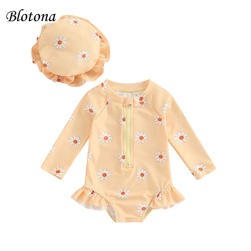 

Blotona Baby Girls Swimsuit, Long Sleeve Flower Print Zipped Bikini with Hat Newborn Swimwear for Summer Bathing 6Months-3Years