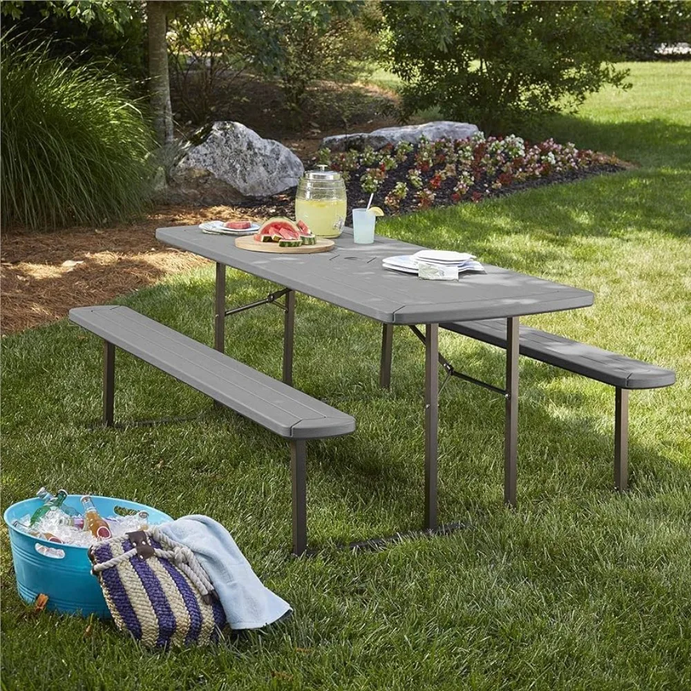

6 Ft. Folding Blow Mold Table Dark Wood Grain With Gray Legs Picnic Table Outdoor Furniture
