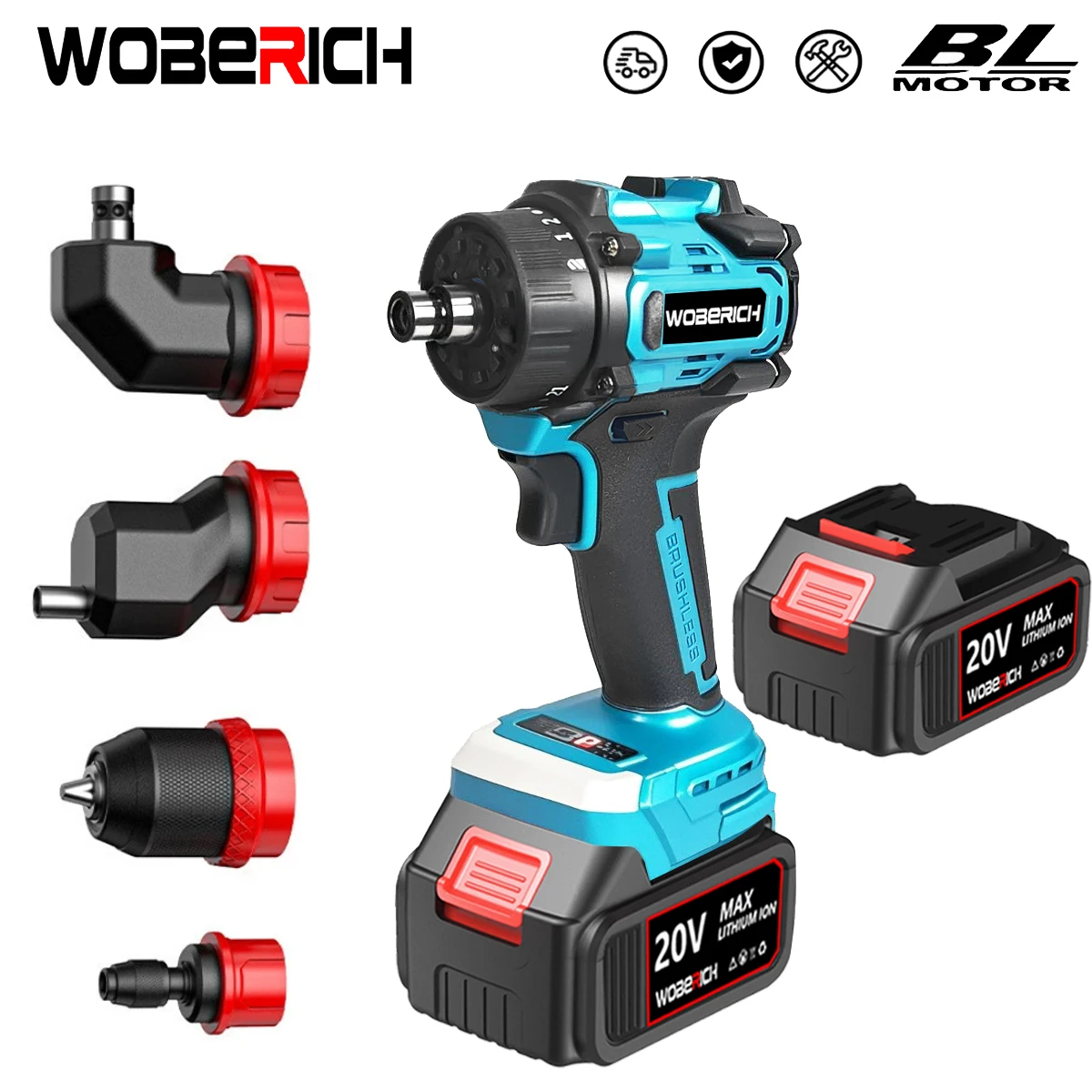 WOBERICH 5 in1 Brushless 10MM Electric Screwdriver Hammer Cordless Drill Impact Multifunctional Power Tool For 21V 18V Battery Pins
