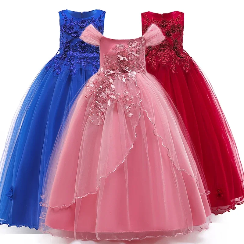 

4-14 Years Kids Bridesmaid Dress For Girls Long Lace Prom Gowns Flower Girl Party Wedding Dresses Children Evening Clothing