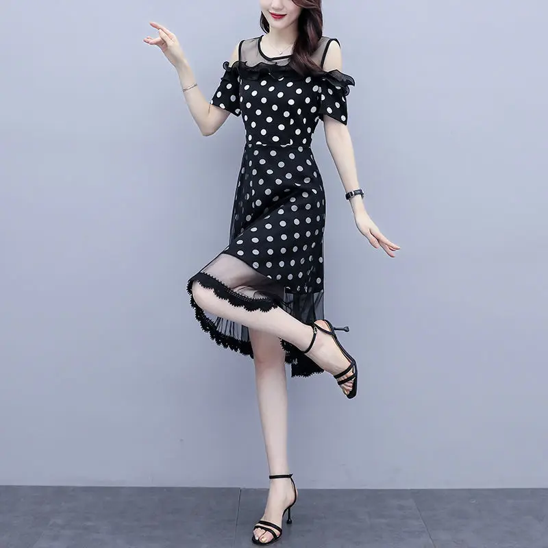 

2023 New Women's Clothing Office Lady Simplicity Summer Thin Casual Korean O-neck Patchwork Lace Hollow Out Short Sleeve Dresses