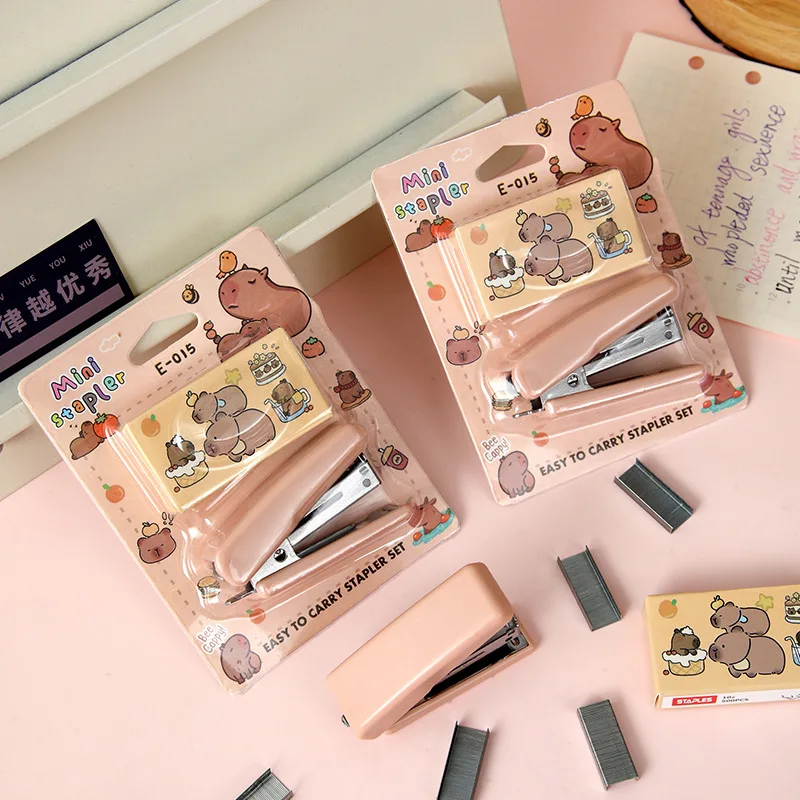 Cartoon CapyBara Kid Mini Stapler Set Portable Paper Binding Machine 10# Staples Stationery Office Supplies