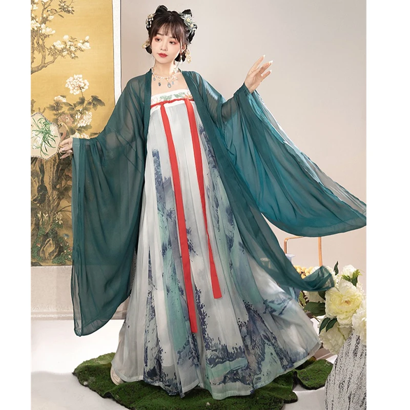 

Chinese Princess Fairy Hanfu Green Robe Tang Dynasty Ethnic Style Big Sleeve Cape Ancient Costume Female Fairy Show Performance