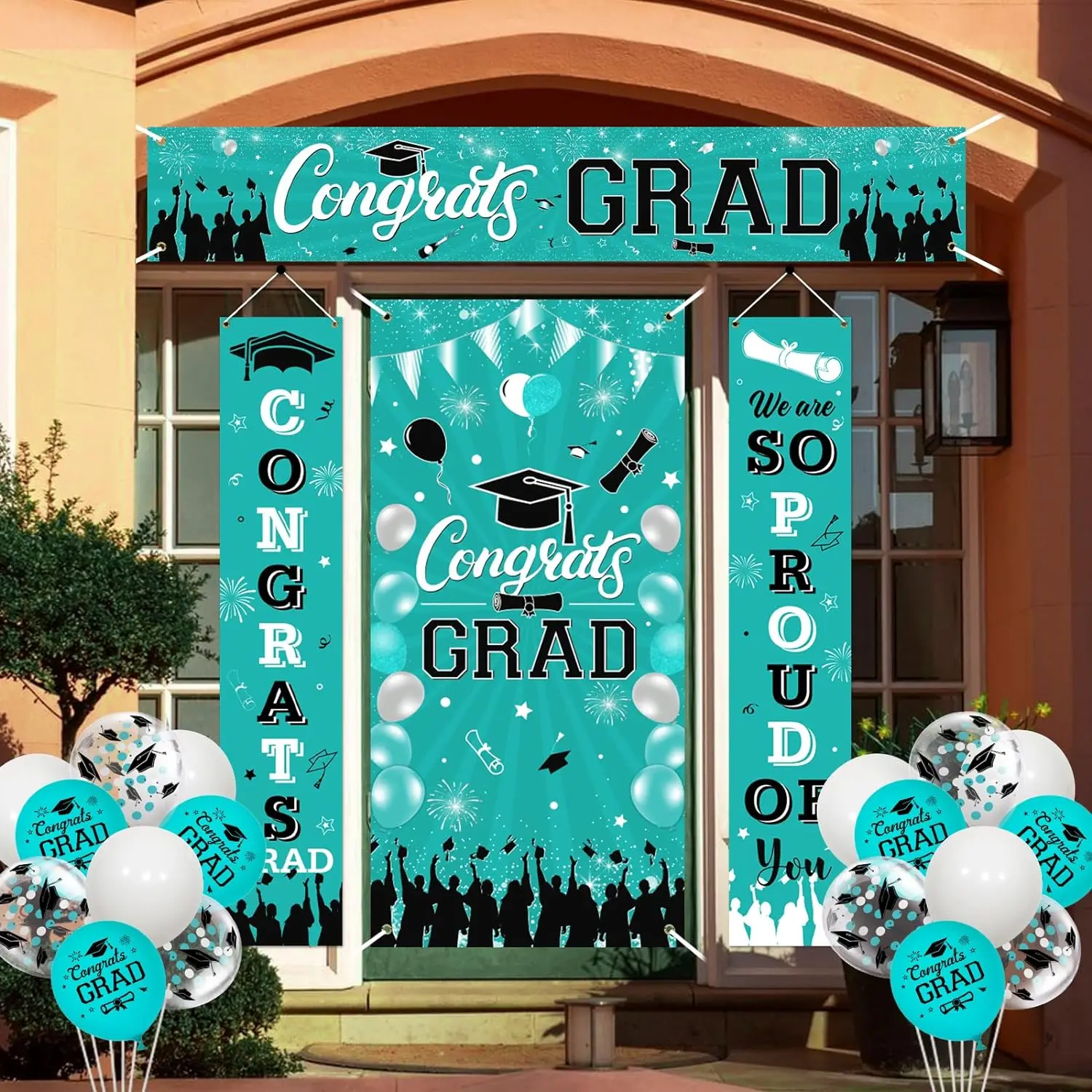 

Teal Graduation Party Decor Set 2024 Congrats Grad Door Banner Cover Graduation Garden Yard Banner Sign We Are So Proud Of You