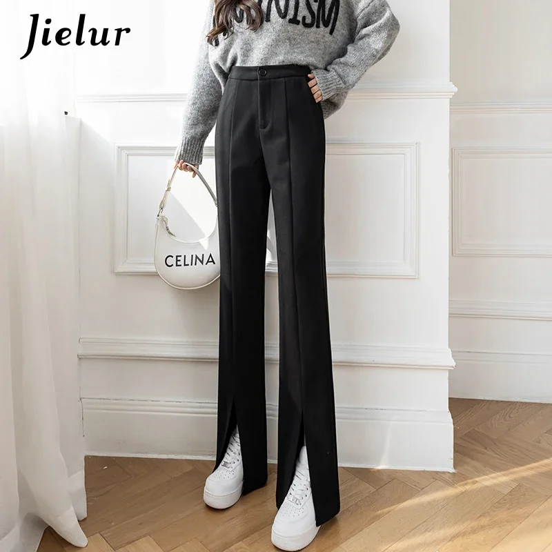Jielur Winter Fashion Split Women's Pants High Waist Coffee Black Trousers Office Lady Straight Leisure Woolen Long Pants S-XL