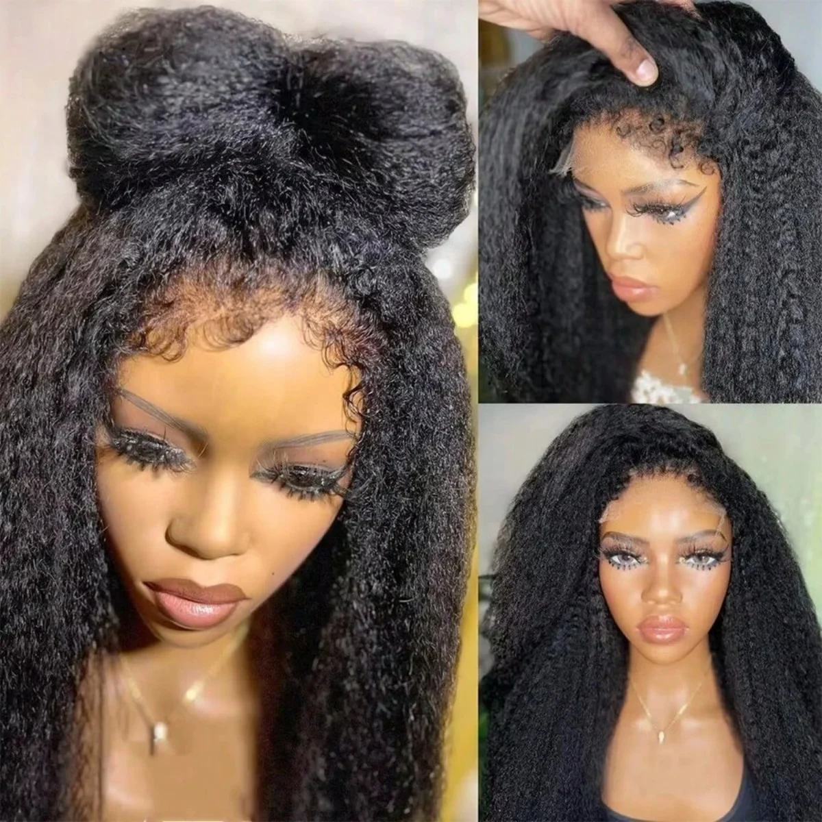 4C Curly Edges Kinky Straight Human Hair Wig 13X4 HD Transarent Lace Frontal Human Hair Wig Wear And Go Glueless Human Hair Wigs 4