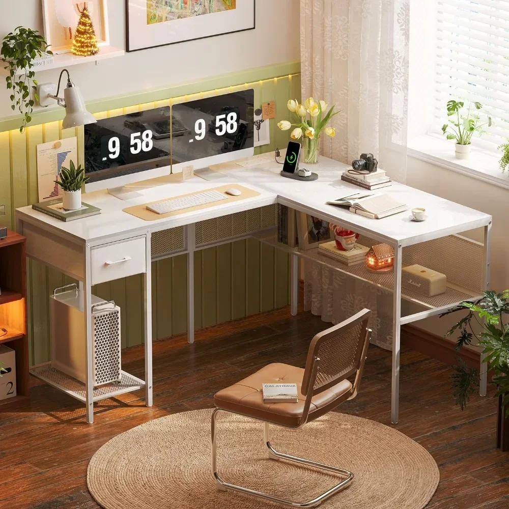

L Shaped Desk With Power Outlets Home Office Desk Furniture Room Desks White Table Pliante Computer Reading Gaming Study Laptop