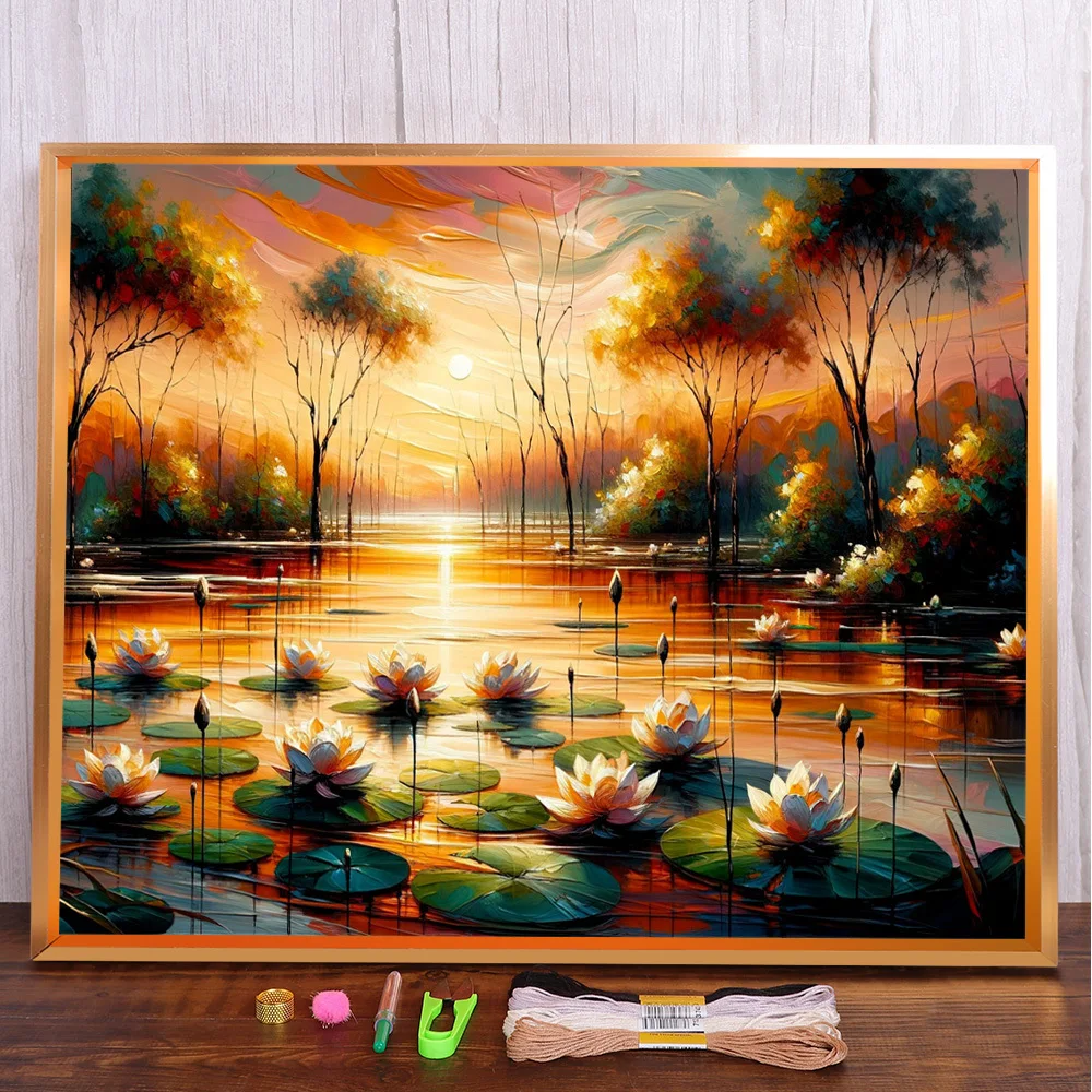 Sonnenuntergang Lotus vorgedruckte Kreuzstich DIY Stickmuster Nähen Handwerk handgemachte Handarbeiten Promotionen Großhandel Zahnseide