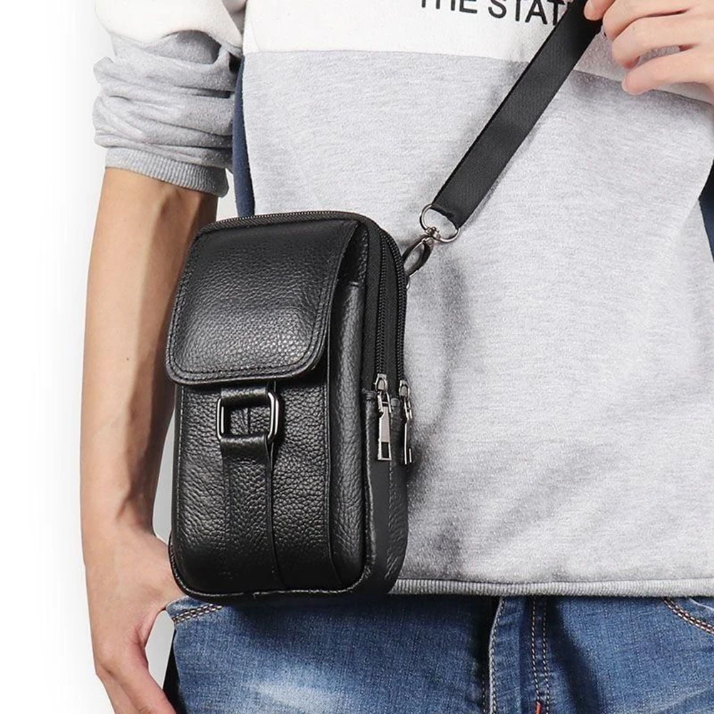 Portable Men Messenger Bags Cowhide Leather Belt Pouch Purse Fashion Simple Multi-pockets Casual for Outdoor Sport