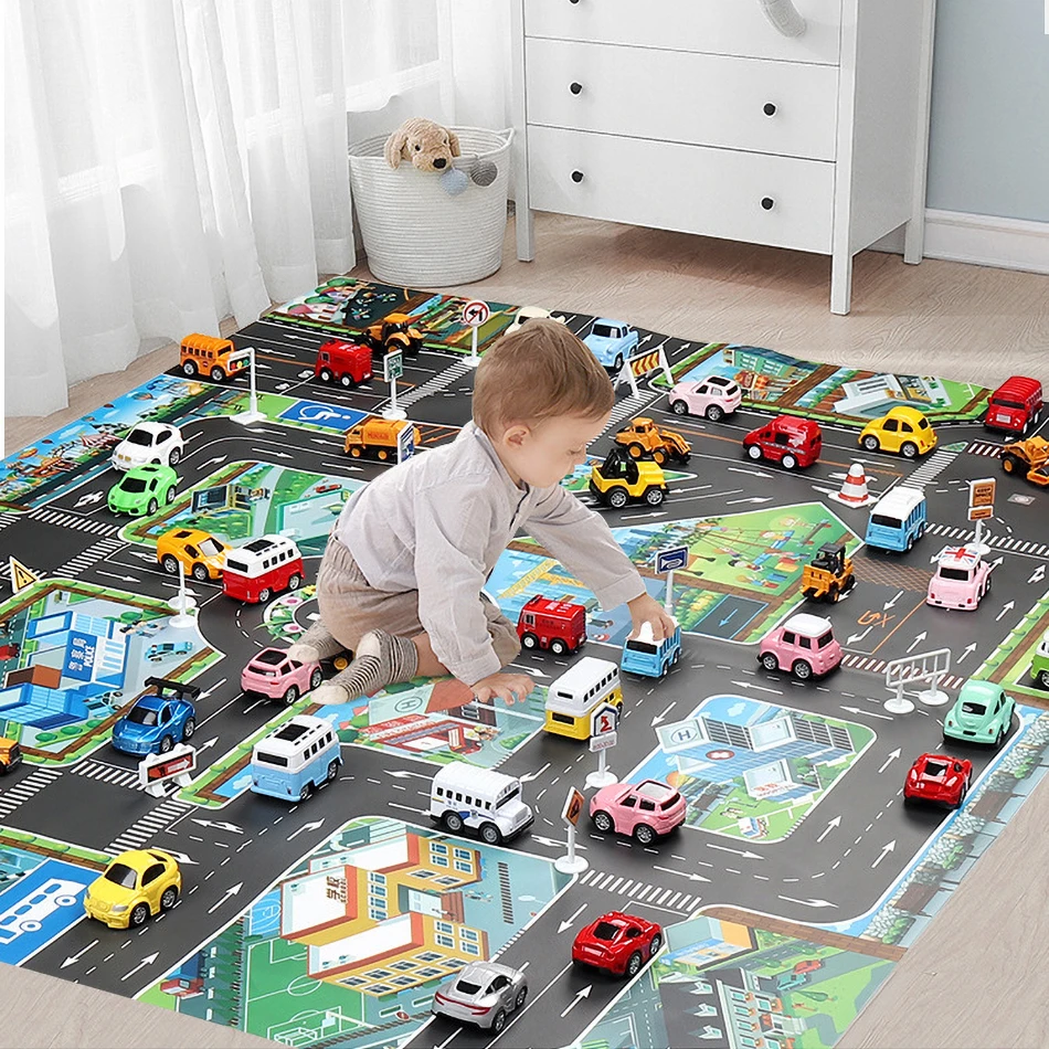 Baby Play Mat Road Map for Kids Cartoon Plastic Thin Traffic Rug Little Boys Girls Toys Playmat